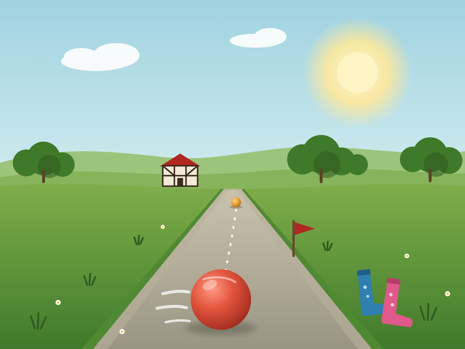 Illustration: Eine rote Boßelkugel rollt auf einem Feldweg durch grüne Wiesen, am Rand stehen Gummistiefel und eine rote Fahne, hinten ein Fachwerkhaus.