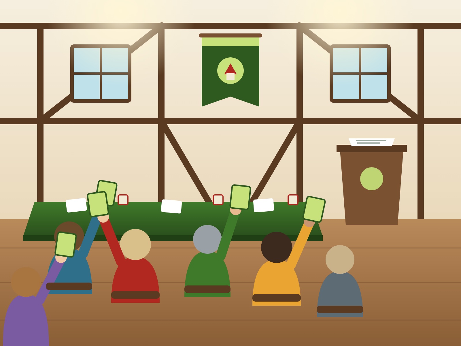 Illustration: Vereinsmitglieder sitzen an einer langen grünen Tafel in einem Fachwerksaal und stimmen mit erhobenen grünen Stimmkarten ab, vorn ein Rednerpult.